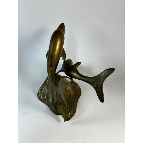 Brass Dolphins Tabletop Statue Figurine 9” Patina See Pics - Picture 5 of 7